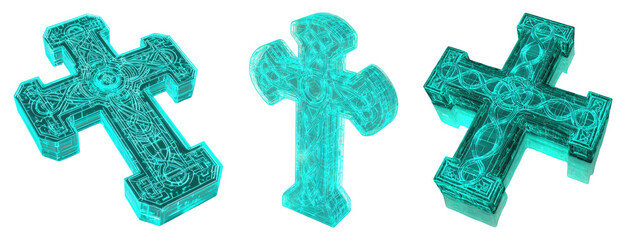 Obraz premium Intricate Glowing Cross Designs in Blue with Detailed Engravings and Unique Patterns