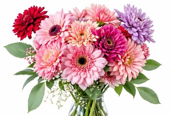Vibrant bouquet of colorful chrysanthemums in a glass vase with green leaves