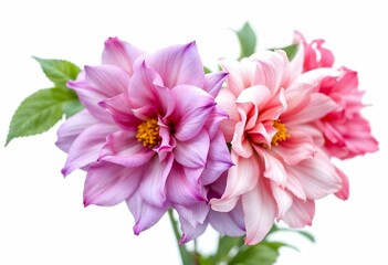 Vibrant pink and purple dahlias with green leaves on white background