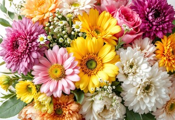 Vibrant floral bouquet with daisies, roses, and chrysanthemums in bloom
