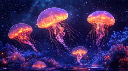 Fototapeta premium Radiant Undersea Realm with Glowing Jellyfish Corals and Schools of Fish in Vibrant Hues