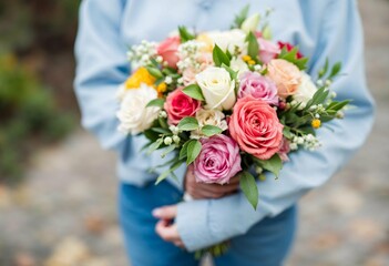 Beautiful bouquet of colorful roses held by person outdoors in casual attire