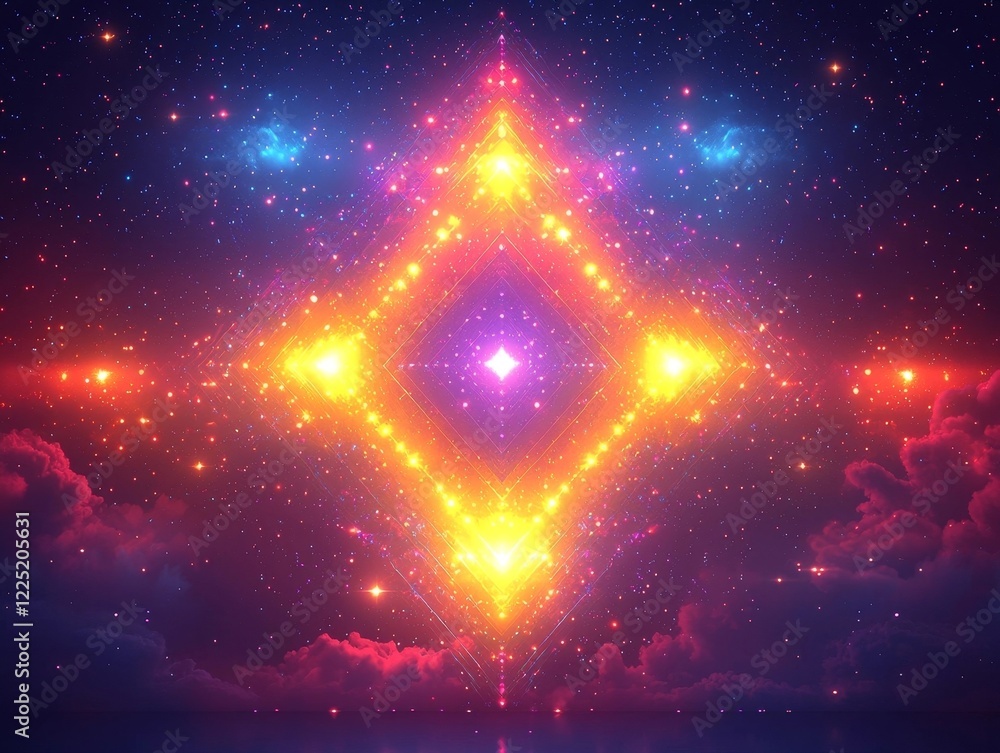Poster neon kaleidoscope with mirrored patterns of glowing shapes and colors creating a dazzling visual eff