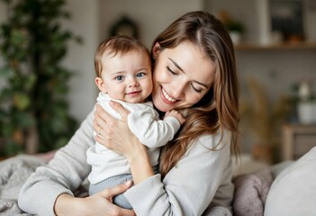 Smiling caucasian female adult embraces happy caucasian child in cozy home