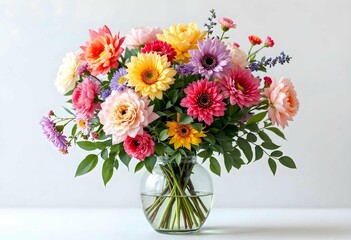 Vibrant mixed flower bouquet in glass vase with roses and gerberas