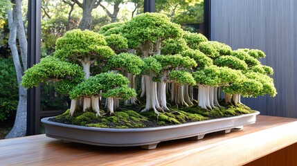 A row of neatly trimmed bonsai trees styled on a wooden counter. digital