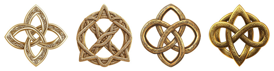 Four Intricate Decorative Symbols Representing Unity, Eternity, and Interconnectedness in Gold