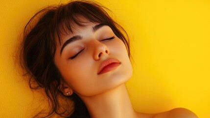 Woman resting peacefully with closed eyes against a bright yellow background exuding tranquility and calmness.