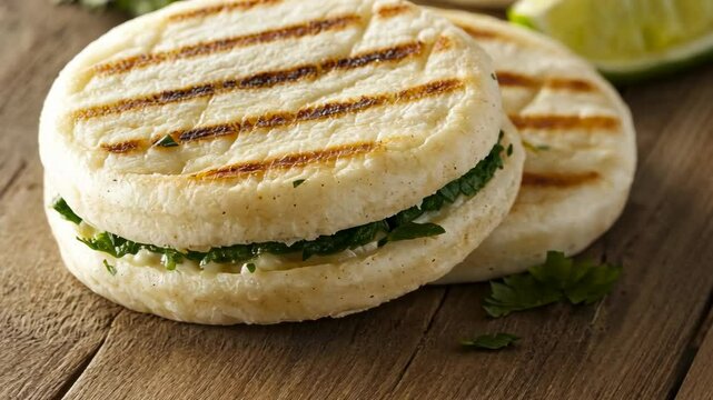 Grilled arepas with fresh herbs served on a rustic wooden table during a sunny afternoon