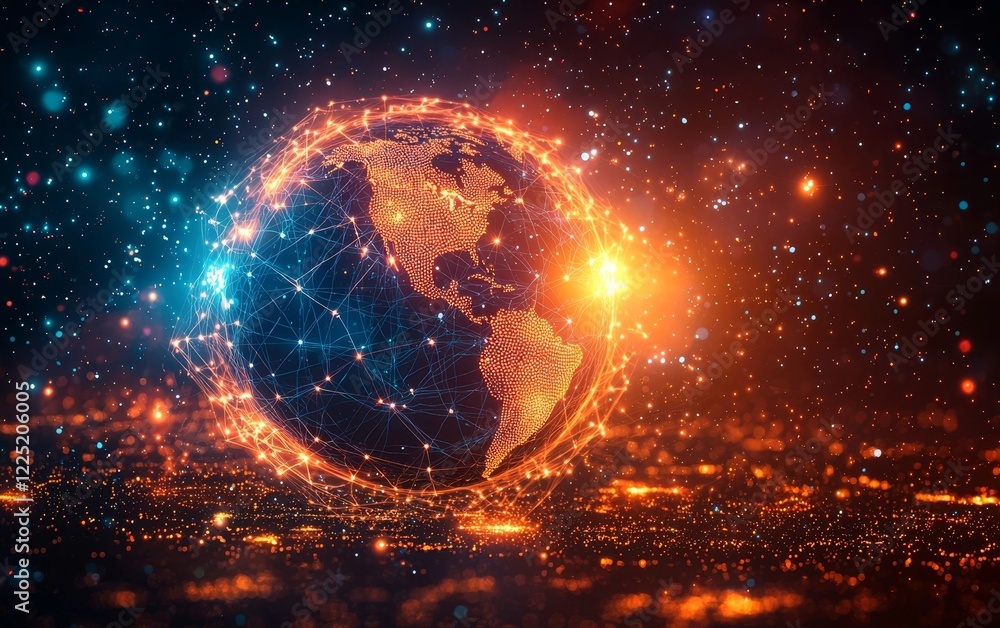Poster glowing neon globe symbolizing futuristic global network with dynamic connections