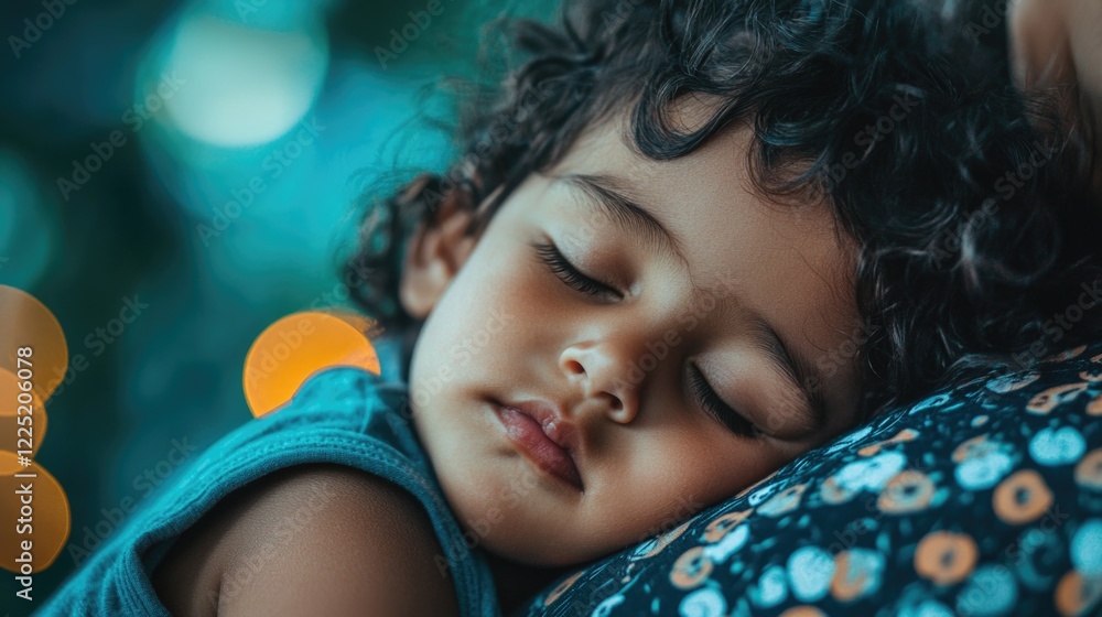 Poster tender moment of a sleepy toddler resting on a mother's shoulder with soft bokeh background capturin