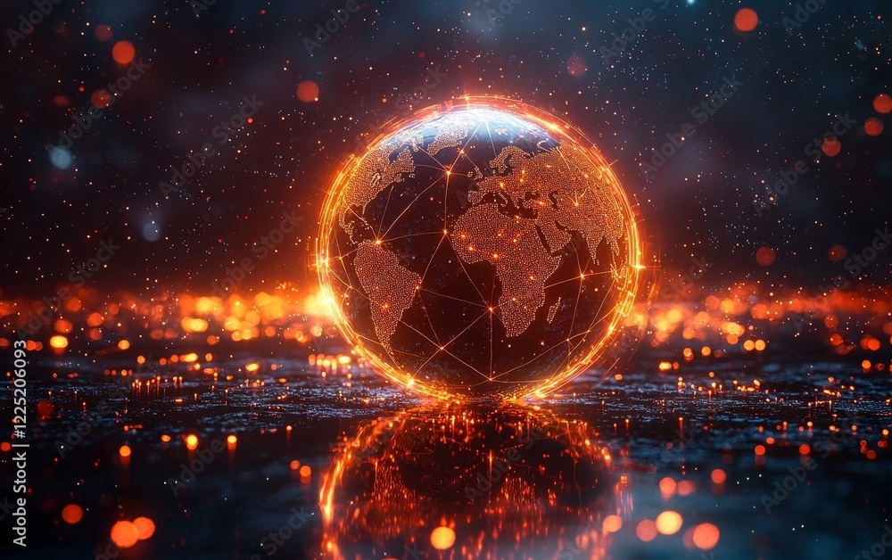 Poster Luminous Neon Globe Representing Futuristic Global Connectivity and Dynamic Data Flows