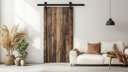 A rustic barn door styled against a clean white wall with subtle lighting. digital