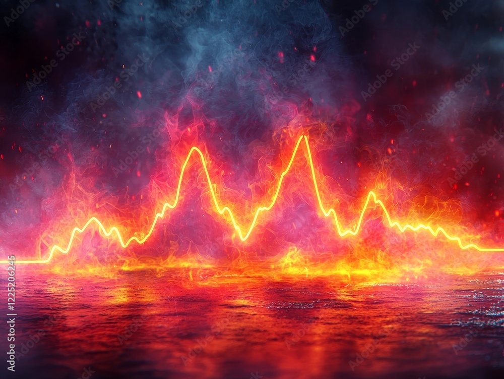 Poster glowing neon heartbeat monitor with dynamic light trails on dark gradient background