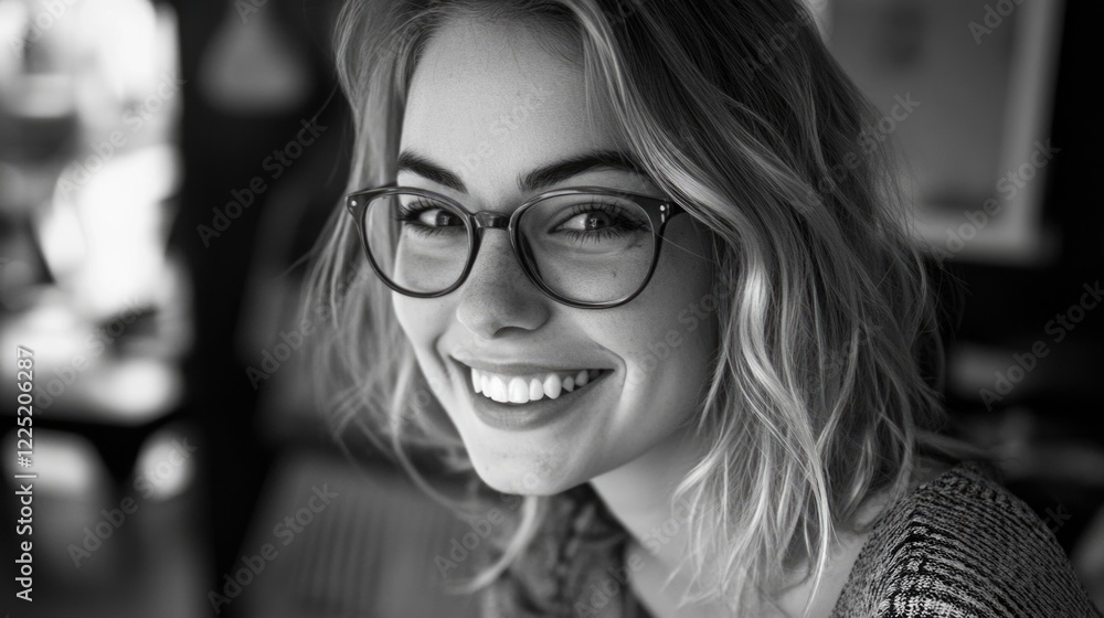 Poster friendly customer service representative with glasses showcasing a warm smile in a professional sett