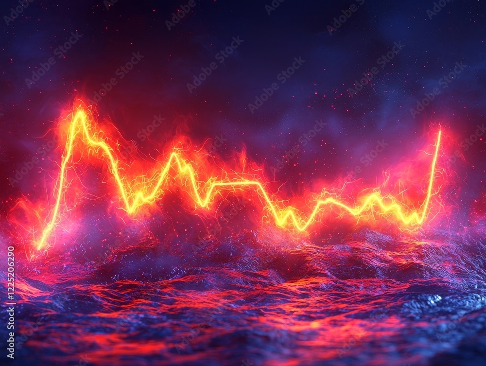 Poster glowing neon heartbeat monitor with dynamic light trails on dark gradient background