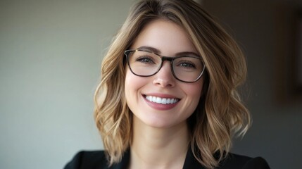 Fototapeta premium Confident businesswoman with glasses smiling warmly in a professional setting showcasing positivity and approachability in the workplace.