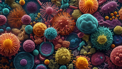 Microscopic View of Colorful Viruses and Bacteria – 3D Illustration 