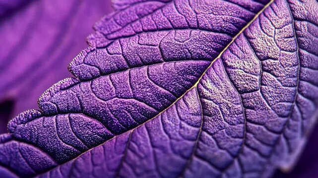 Detailed close-up of a textured purple leaf showcasing nature's intricate patterns in vibrant colors
