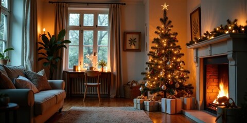 Cozy living room with a decorated Christmas tree, presents, and a warm fireplace, creating a festive holiday atmosphere