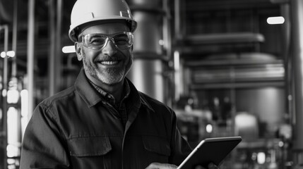 Smiling engineer in hard hat using tablet inside modern industrial factory setting