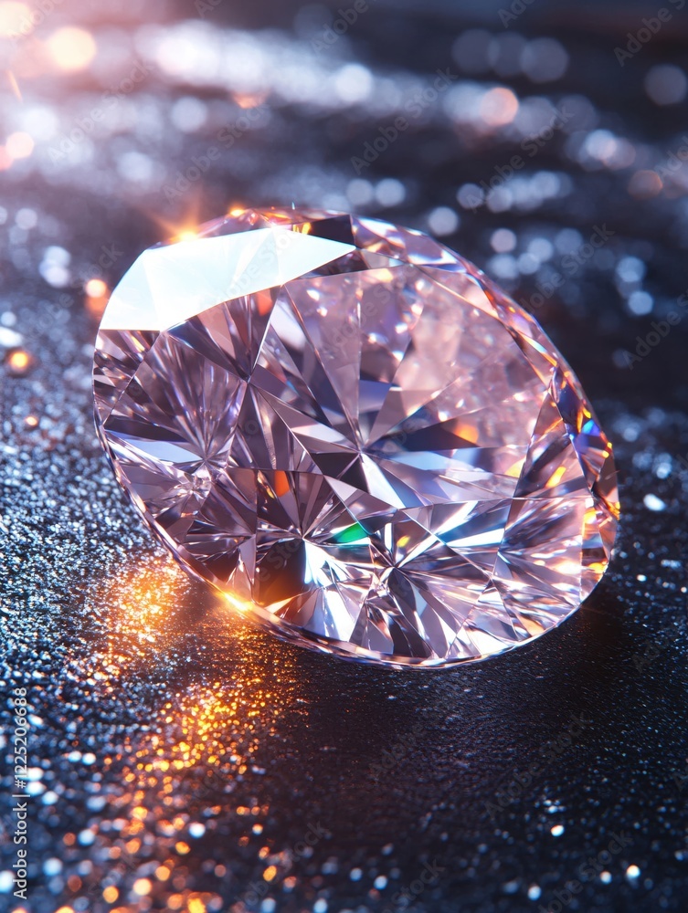 Poster sparkling diamond on glittery surface with bokeh effect and warm light reflections