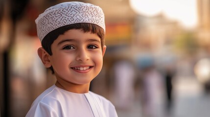 Smiling Emirati Boy in Traditional Kandura Captured in a Outdoor Urban Setting