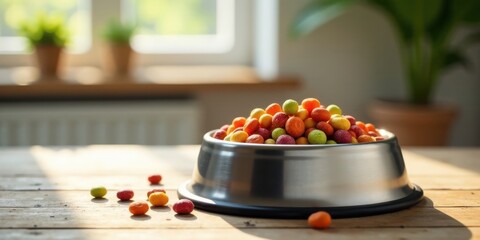 A delightful bowl of colorful pet food sits on a sunlit wooden surface, ready for a happy pet's meal.
