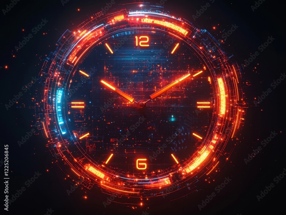 Poster neon clock face with pulsating light rings on dark gradient background