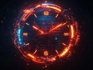 Obraz premium Neon Clock Face with Pulsating Light Rings on Dark Gradient Background