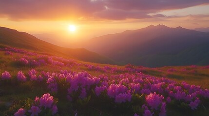 Mountain Sunrise with Wildflowers background