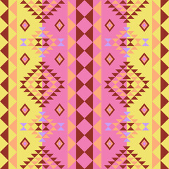 Seamless ethnic pattern blending Navajo and Aztec designs in vibrant yellow and pink tones. Intricate geometric motifs perfect for home decor, wallpapers, textiles, rugs, bohemian projects