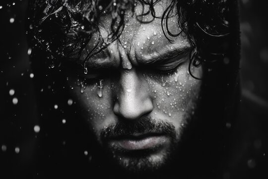 A man standing in the rain, his face tilted upward, eyes closed, as rain mixes with his tears, evoking a sense of regret and longing