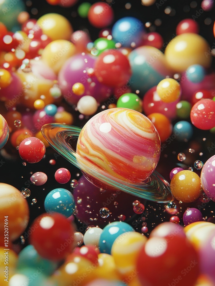 Poster a vibrant array of colorful spheres creates a whimsical and abstract composition against a dark back