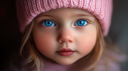 Winter portrait of a cute young girl with striking blue eyes wearing a cozy pink hat and looking directly at the camera in a serene setting