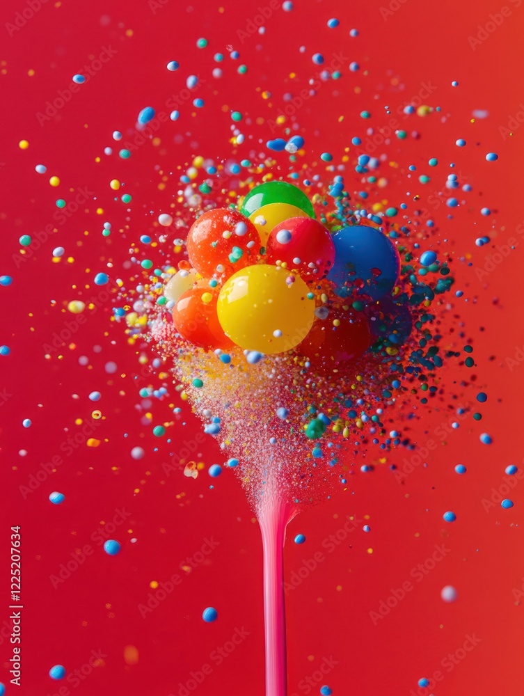 Poster colorful spheres exploding with vibrant particles on a red background creates energetic scene