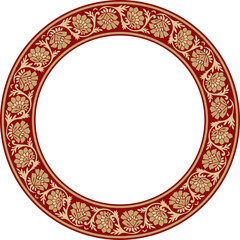 Vector round gold with red Indian national ornament. Ethnic plant circle, border. Frame, flower ring. Poppies and leaves