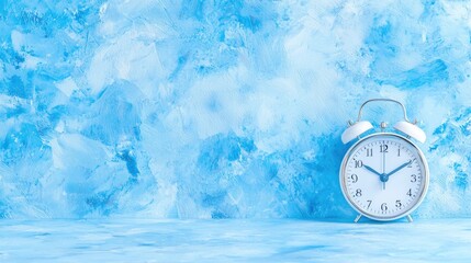 White alarm clock on blue textured background; time management concept; website banner