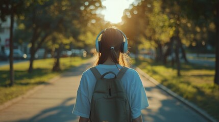 Obraz premium Young woman enjoying music on a sunny path with headphones and a backpack in a serene outdoor setting during golden hour.