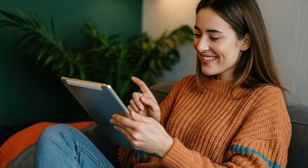 Fototapeta premium Woman using a tablet while sitting comfortably on a couch