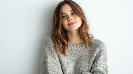 Obraz premium Young woman in casual sweater smiling thoughtfully against a plain white background conveying a sense of calm and introspection.