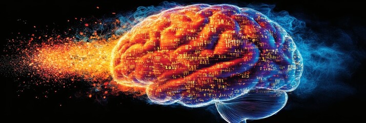 Digital Brain on Fire. Futuristic Technology, Neural Network, Artificial Intelligence.
