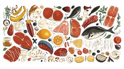 Nutritious Proteins Food Vector Illustration for Health and Wellness Websites with Wide Angle Centered Composition