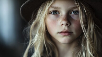 Fototapeta premium Portrait of a young blonde girl with freckles wearing a stylish hat deep in thought against a blurred background.