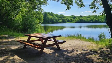 Empty wooden picnic table in park by river or lake surrounded green trees in sunny day