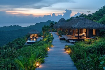 Naklejka premium Luxury villas nestled on a hillside overlooking a tranquil ocean at sunset Lighted pathways wind between the structures offering breathtaking views