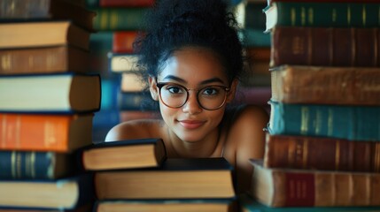 Young woman with glasses sitting among books in a library surrounded by stacks of old books showcasing academic curiosity and knowledge.