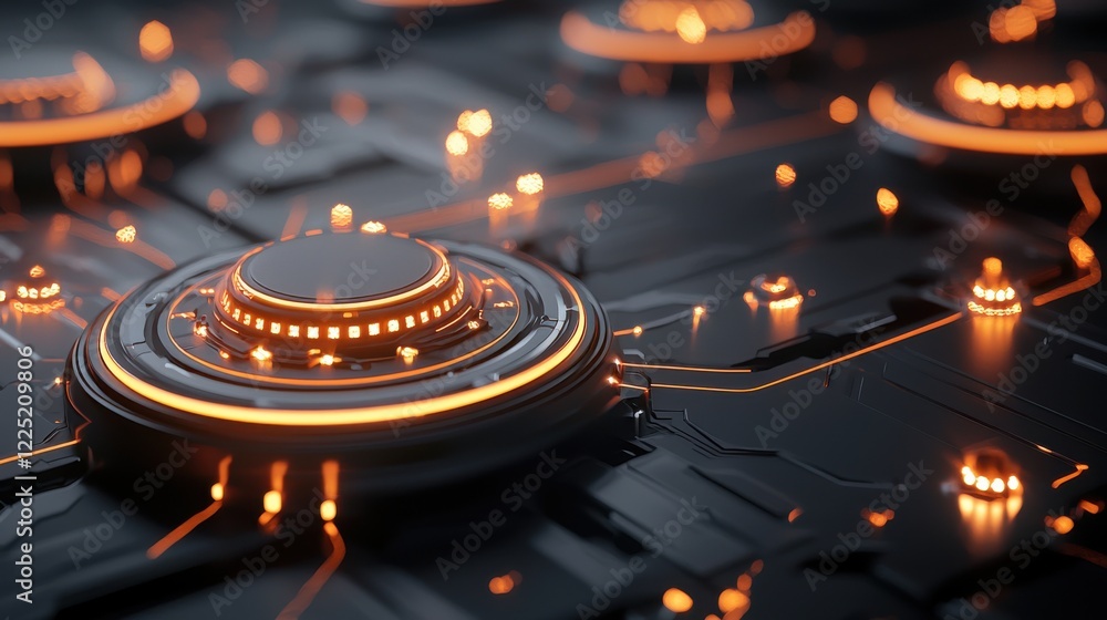 Poster futuristic glowing cyberpunk style digital backdrop with circular neon lights and abstract shapes