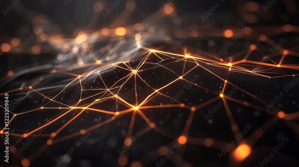 Poster energetic interconnected digital network with flowing particles and glowing structures