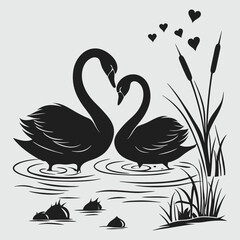 a pair o swans forming silhouette vector design art and illustration